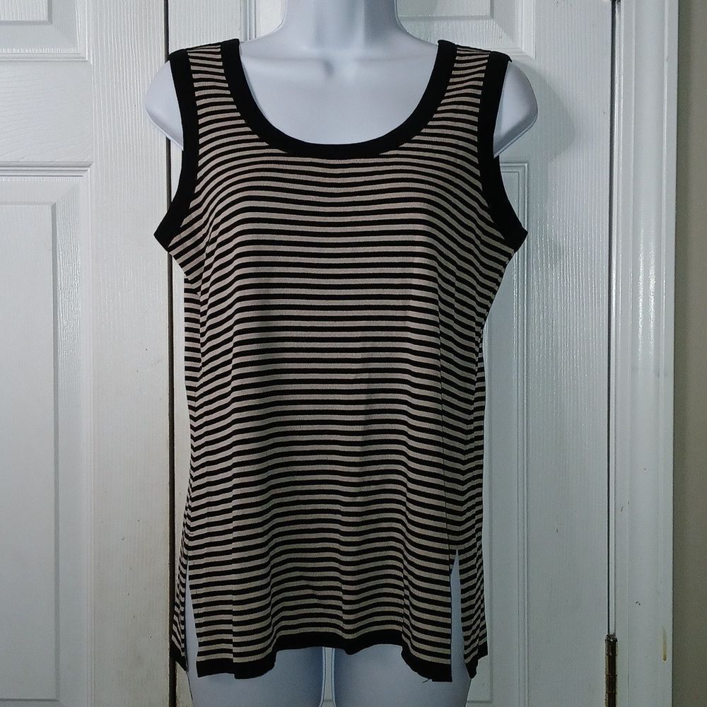 Exclusively Misook black and tan striped sweater tank top Sz M NWOT